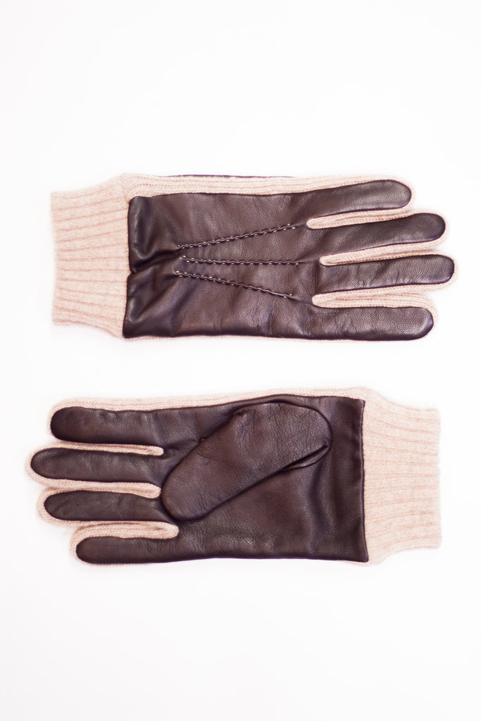 Caramel Leather Rib Knit Gloves